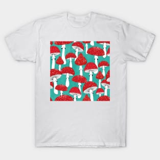 Red mushrooms on turquoise blue T-Shirt